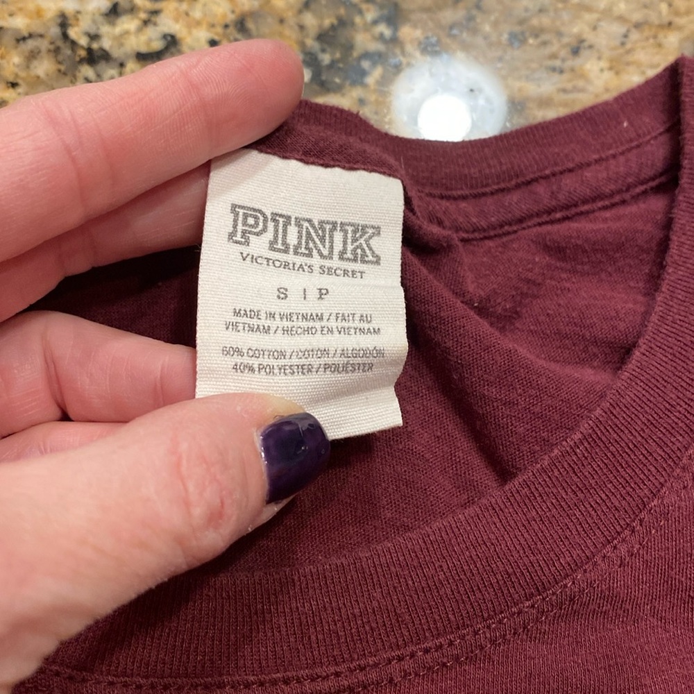 Victoria Secret VS PINK #86 Maroon with Gold Sequin Logo T-Shirt size Small